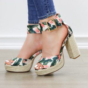 Floral Print Platform Espadrilles, Ankle Buckle